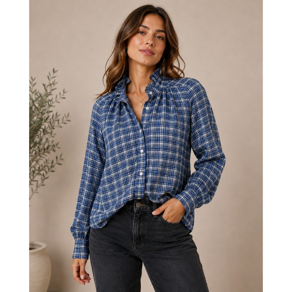 KMJ Southern Lover Ruffled Collar Plaid Button Down Women M Blue Preppy Upcycled